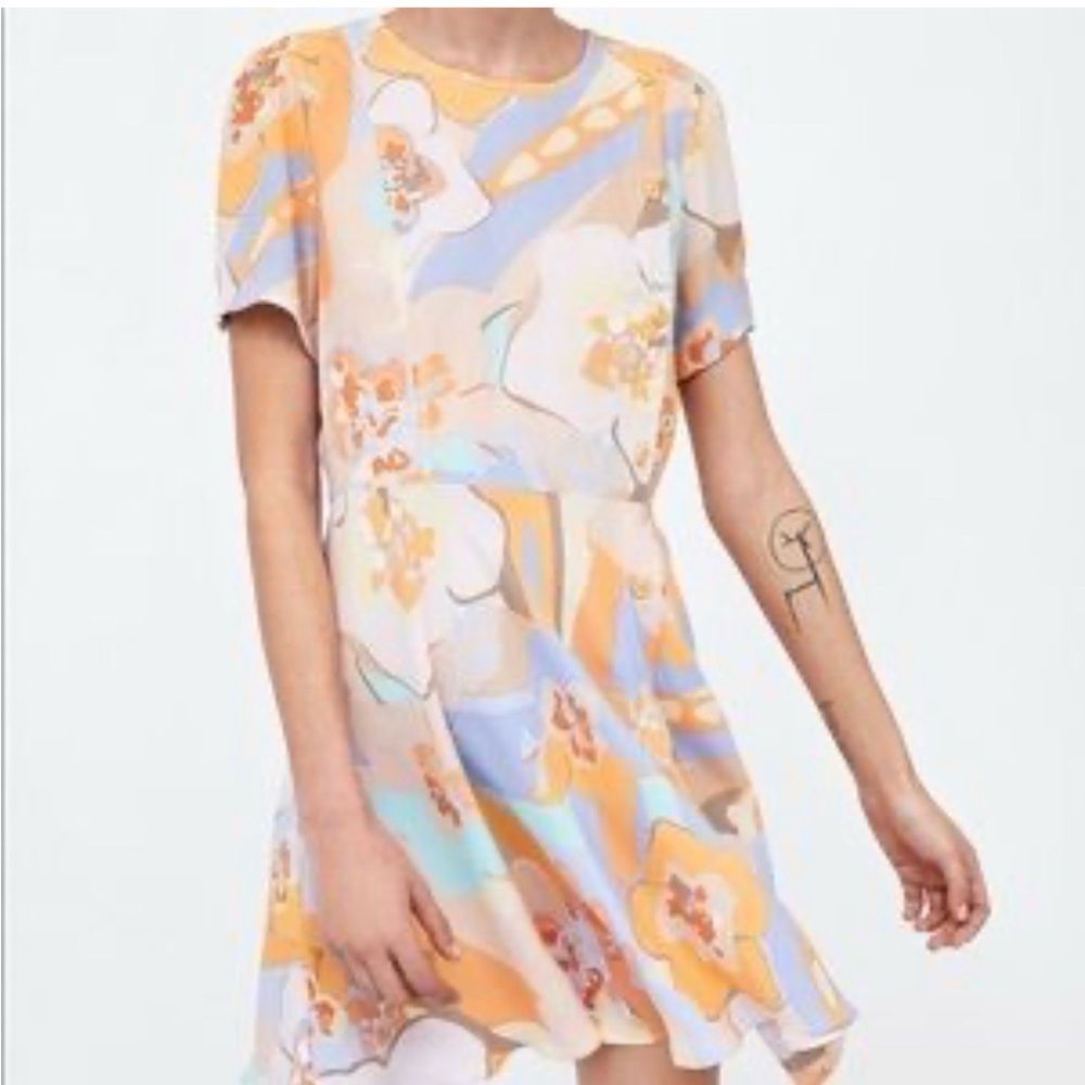 Zara Floral Short-Sleeve A-Line Dress in Pastels